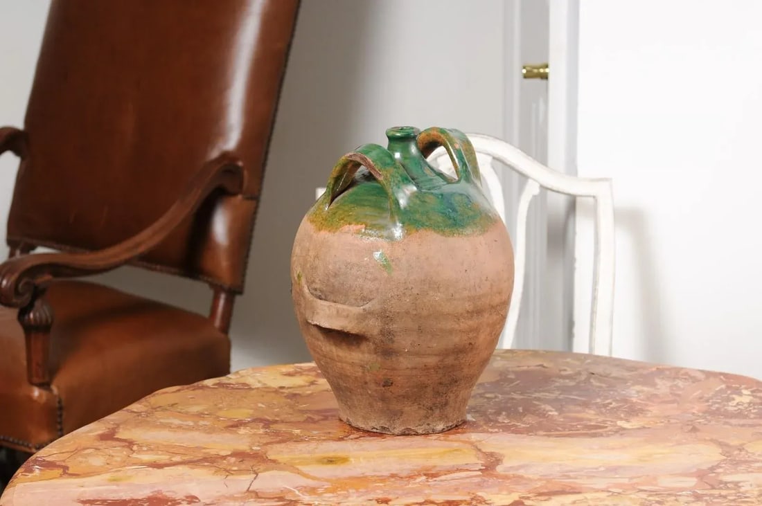 French Provincial 19th Century Green Glazed Pottery Jug with Dual Handles - 2