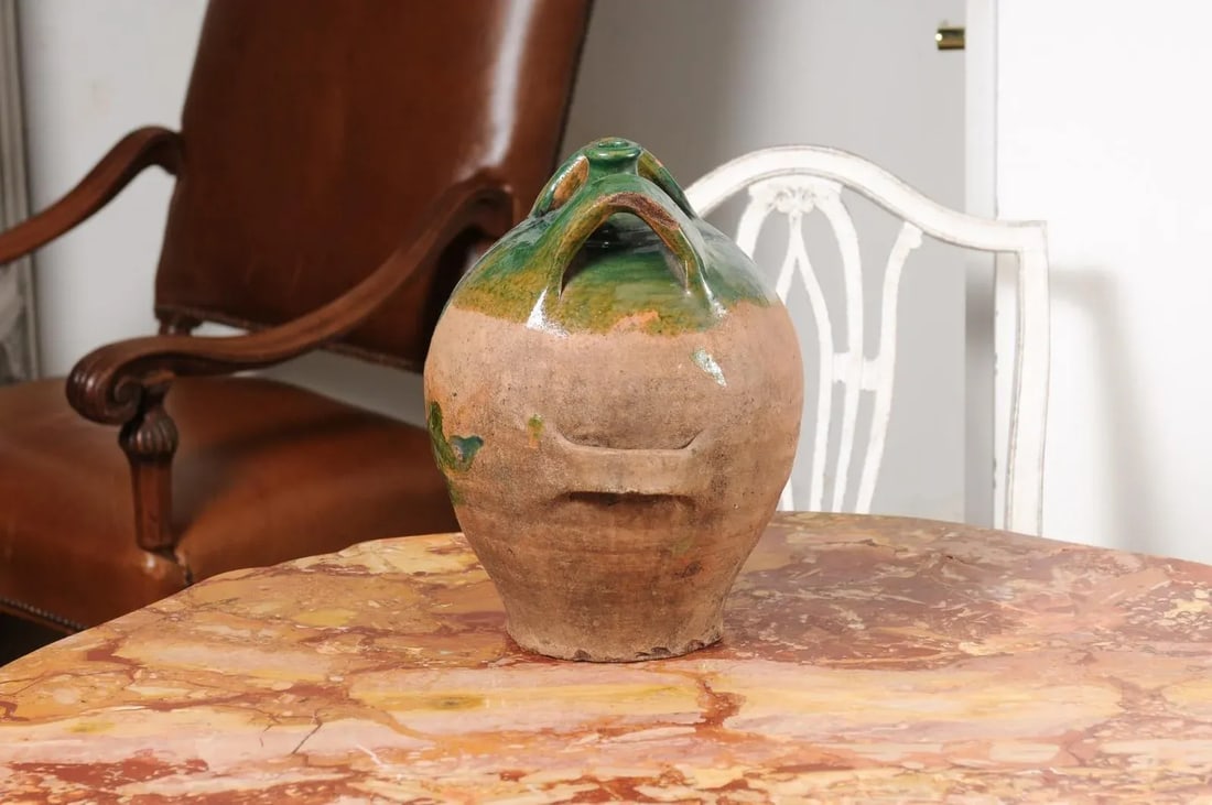 French Provincial 19th Century Green Glazed Pottery Jug with Dual Handles - 3