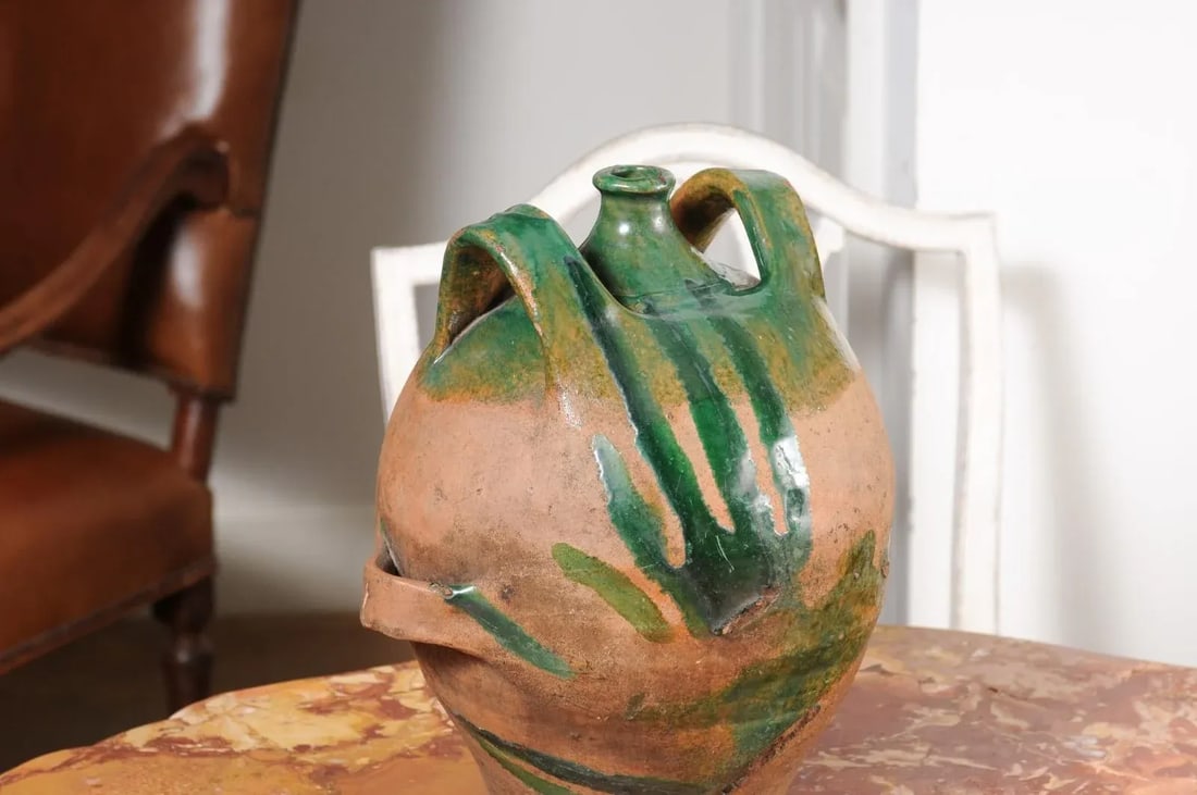 French Provincial 19th Century Green Glazed Pottery Jug with Dual Handles - 7