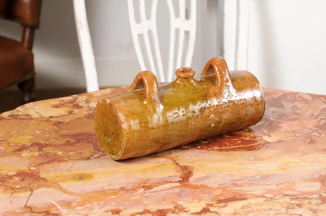 French Glazed Pottery Bouillotte Hot Water Bottle with Two Handles from Normandy - 2