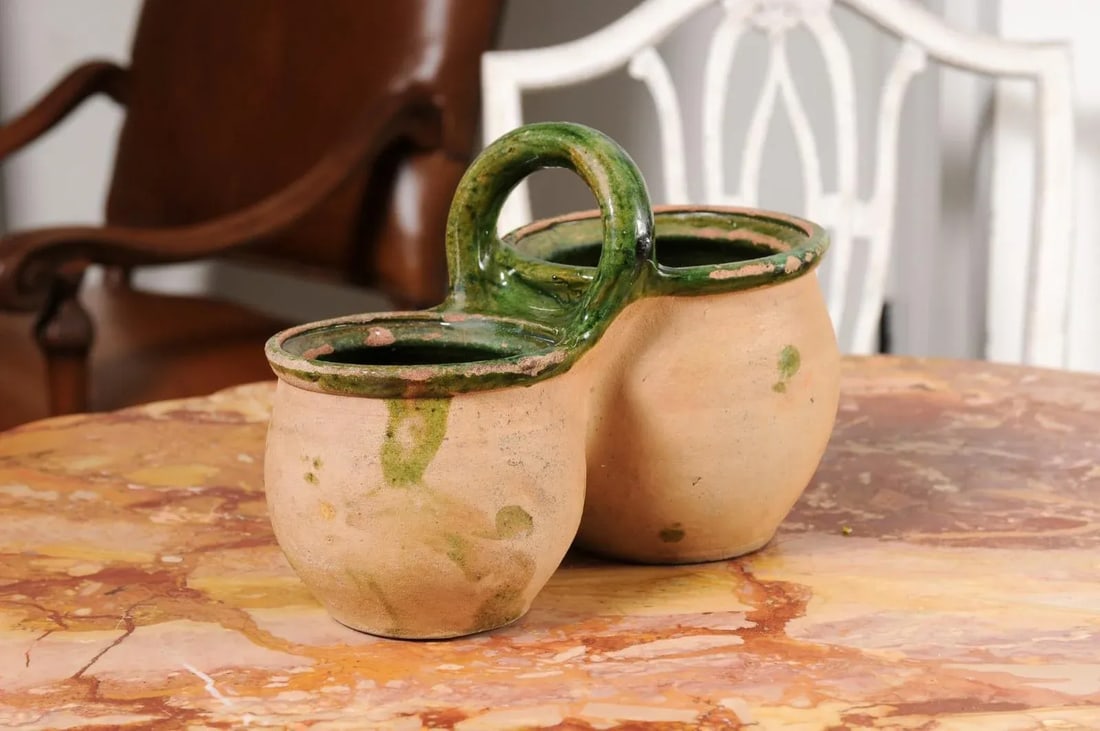 Green Glazed 19th Century Pottery Shepherd's Lunch Holder with Bowls and Handle - 2