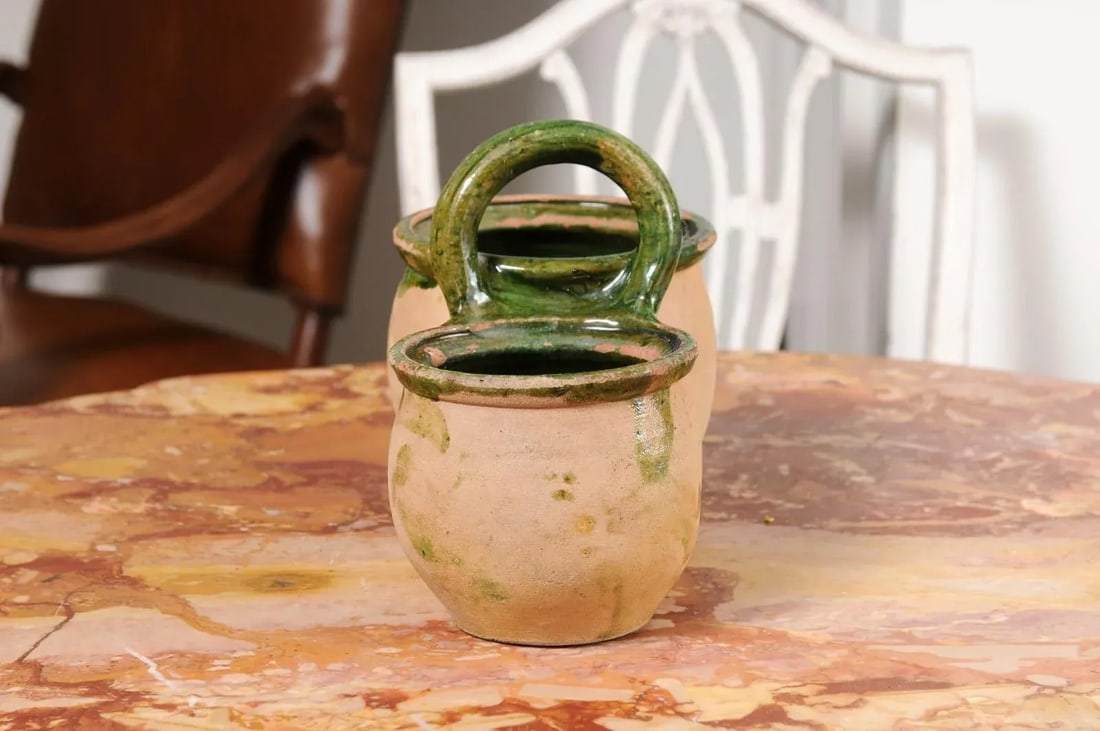 Green Glazed 19th Century Pottery Shepherd's Lunch Holder with Bowls and Handle - 3