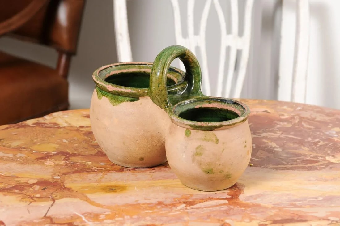 Green Glazed 19th Century Pottery Shepherd's Lunch Holder with Bowls and Handle - 7