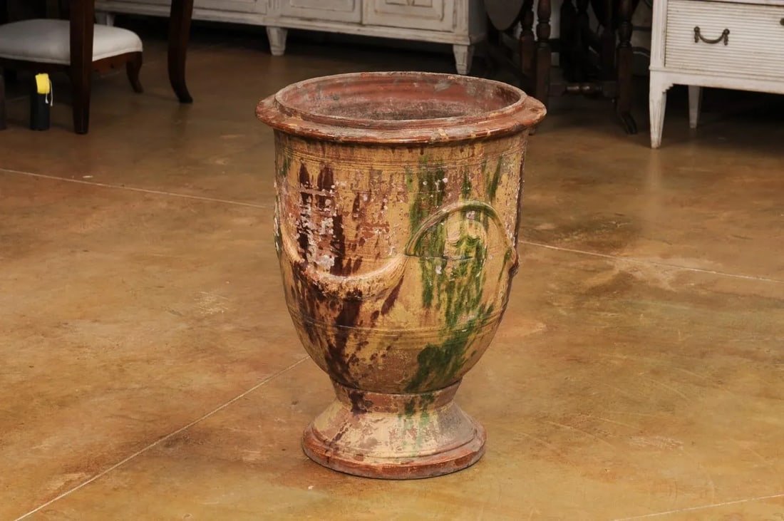 Large French 19th Century Boisset Anduze Jar with Brown, Green Glaze and Swags - 3