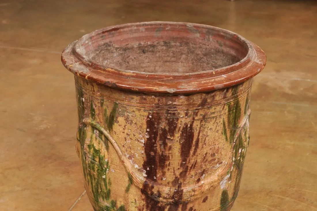 Large French 19th Century Boisset Anduze Jar with Brown, Green Glaze and Swags - 7