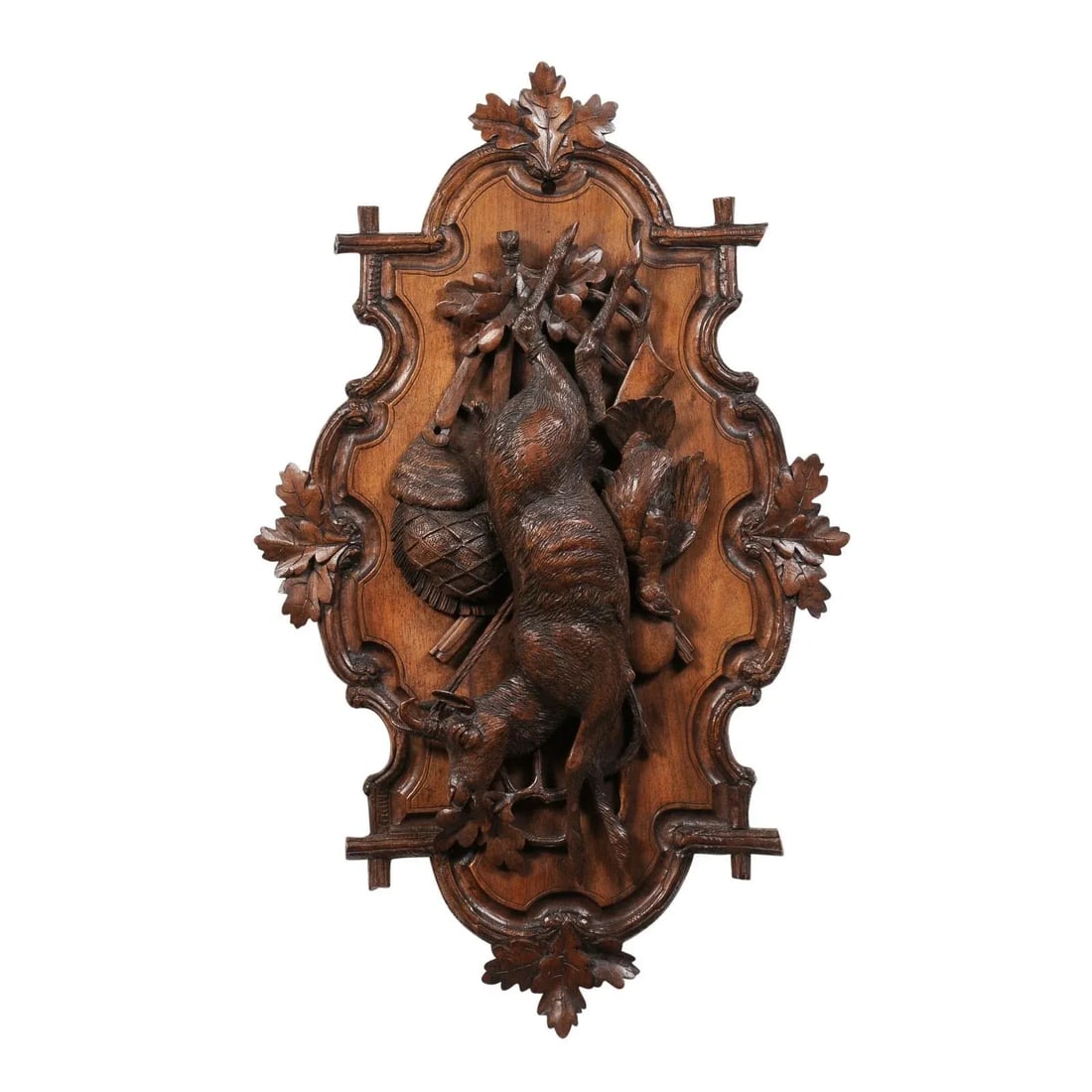 Black Forest Period 19th Century German Oak Wall Carving with Hunting Trophy - 5