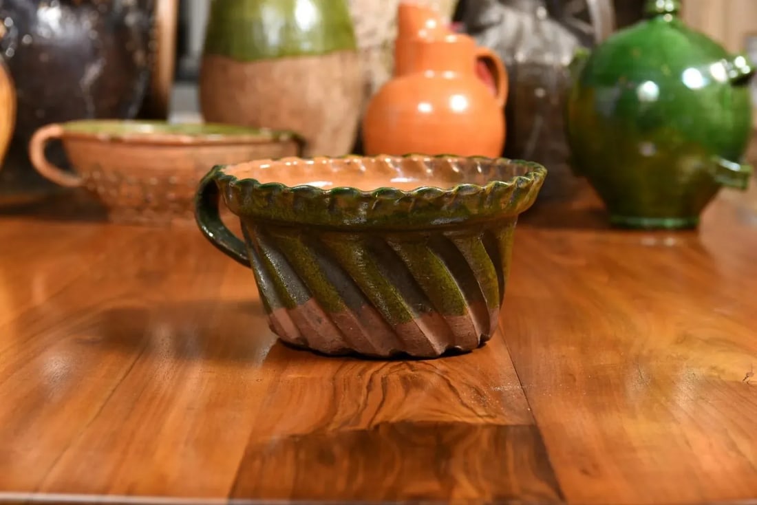 French 19th Century Green and Brown Glazed Pottery Cake Mold with Grooves - 6