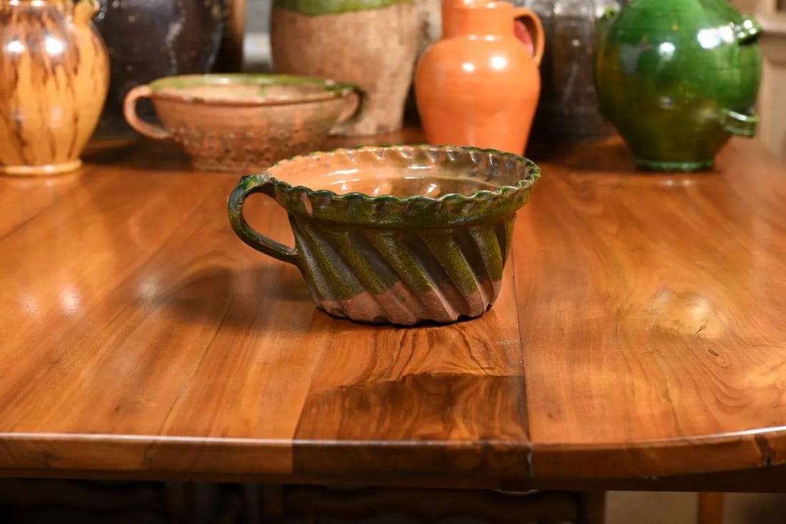 French 19th Century Green and Brown Glazed Pottery Cake Mold with Grooves - 8