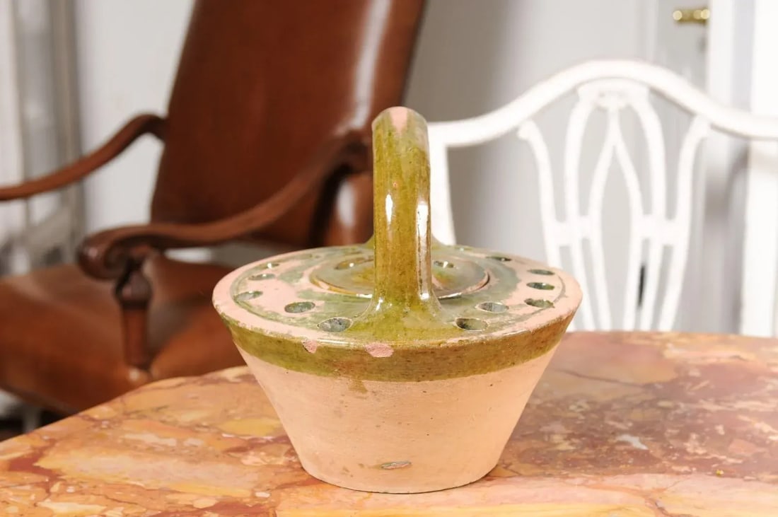 French 19th Century Fired Clay and Green Glaze Lidded Pottery Heater - 2
