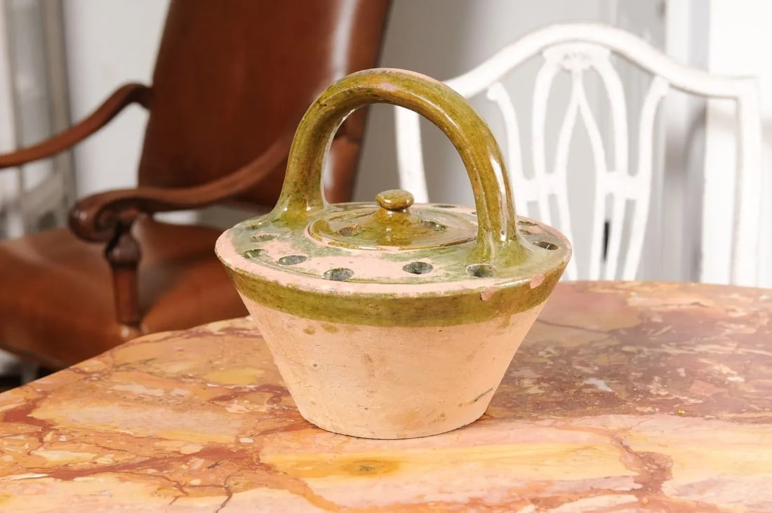 French 19th Century Fired Clay and Green Glaze Lidded Pottery Heater - 3