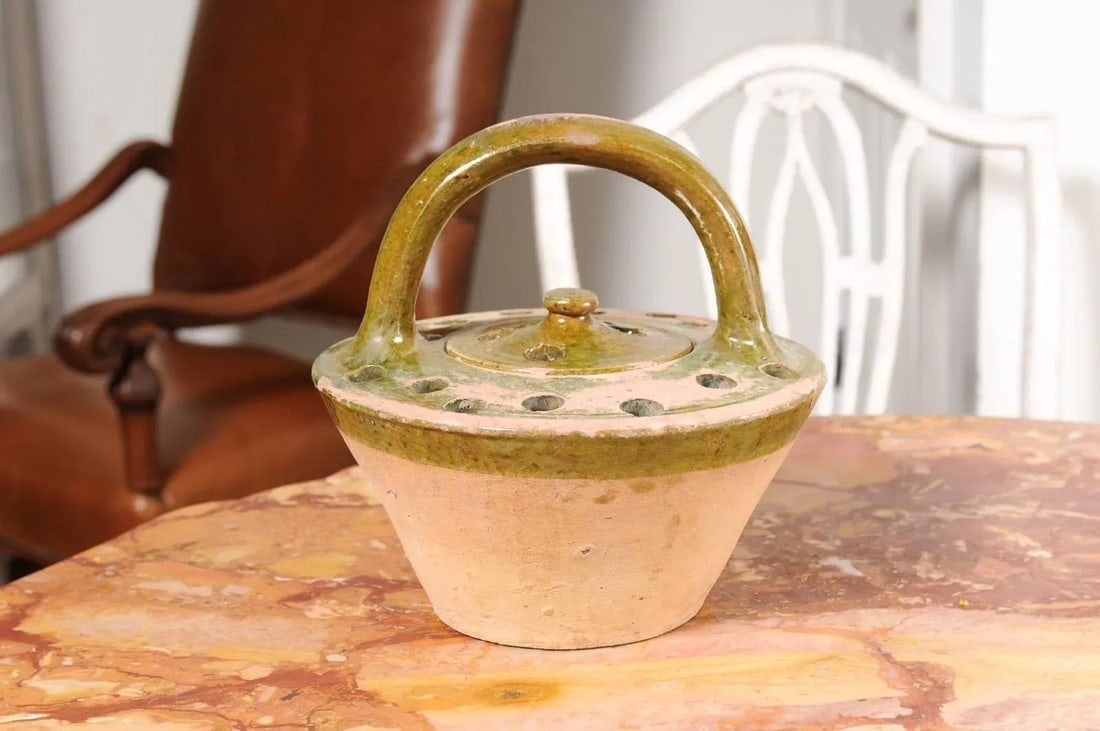 French 19th Century Fired Clay and Green Glaze Lidded Pottery Heater - 4