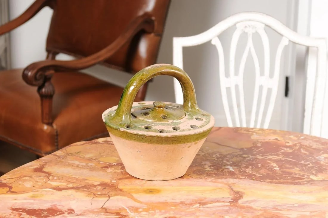 French 19th Century Fired Clay and Green Glaze Lidded Pottery Heater - 7