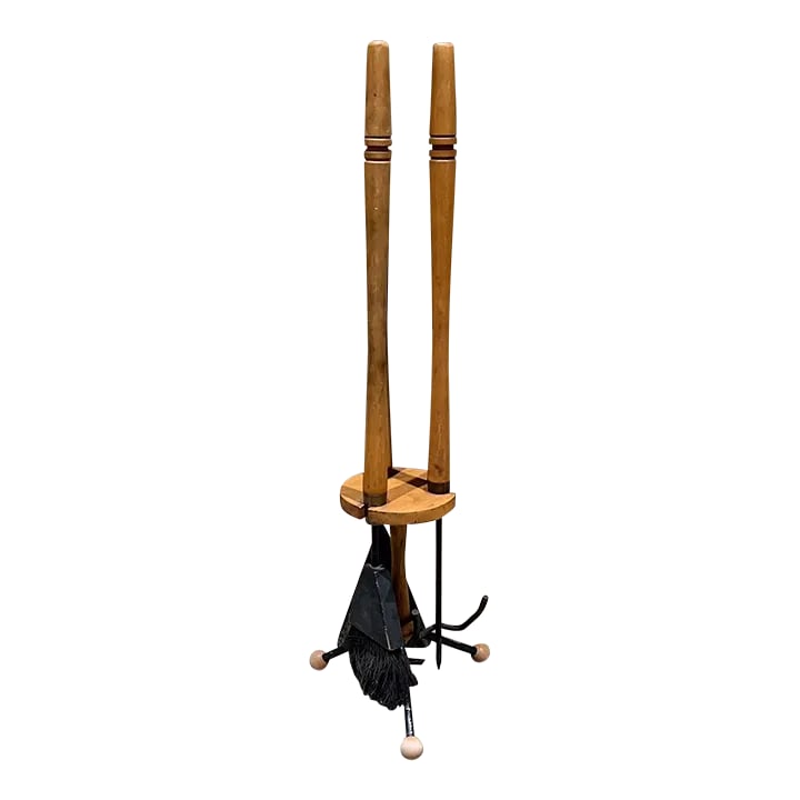 1960s Arthur Umanoff Round Fireplace Tool Set Maple Wood (1 of 7)