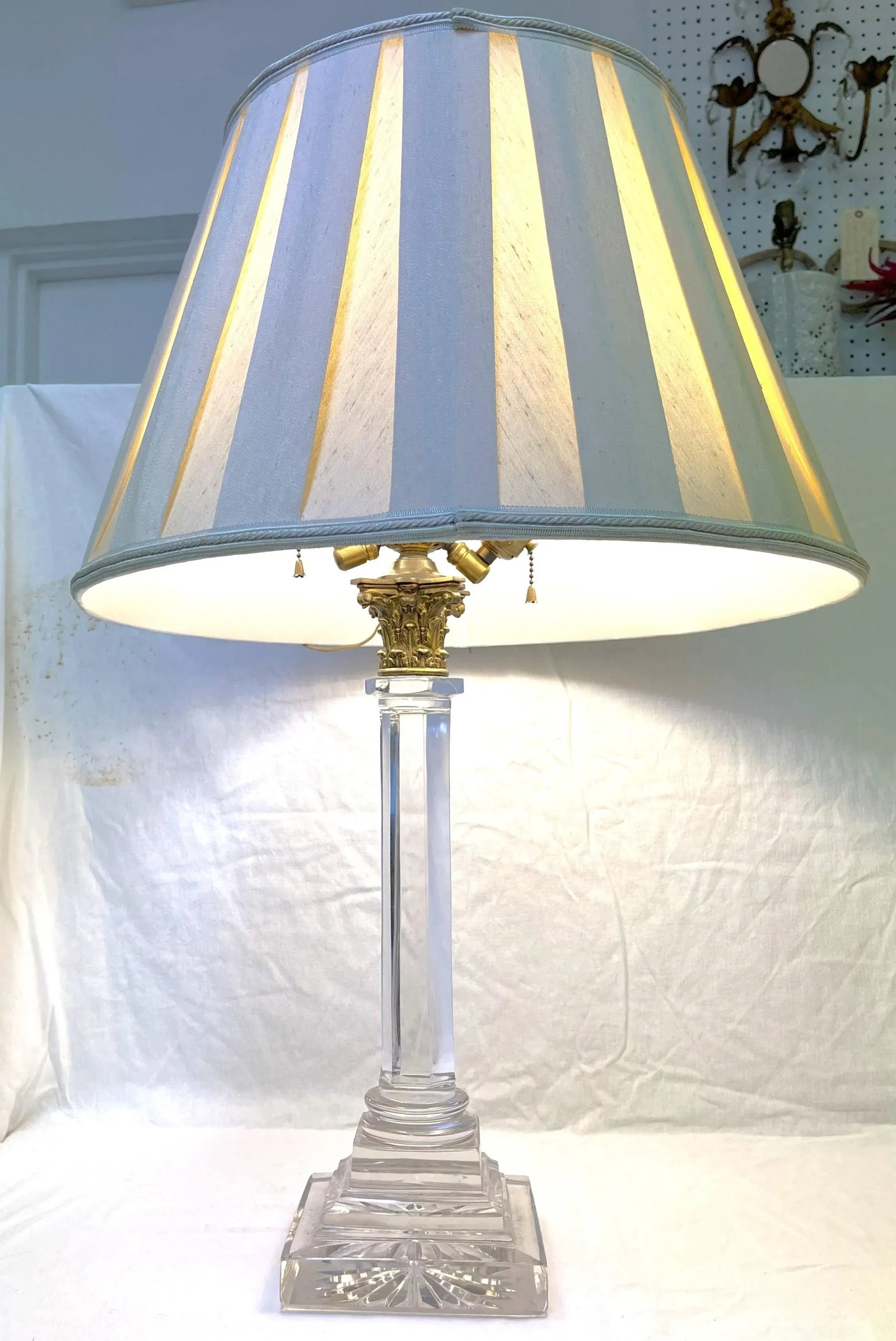 Antique Hollywood Regency Lead Crystal, Brass and Milk Glass Converted Gas Lamp - 12