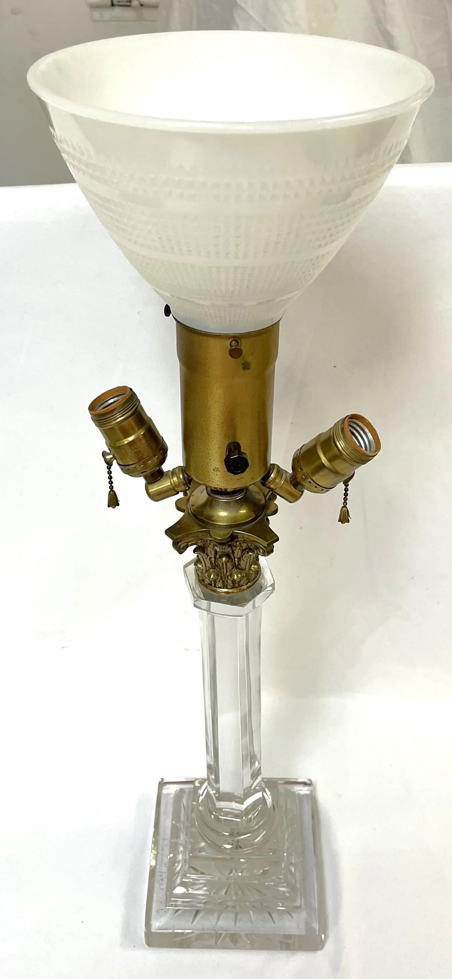 Antique Hollywood Regency Lead Crystal, Brass and Milk Glass Converted Gas Lamp - 2