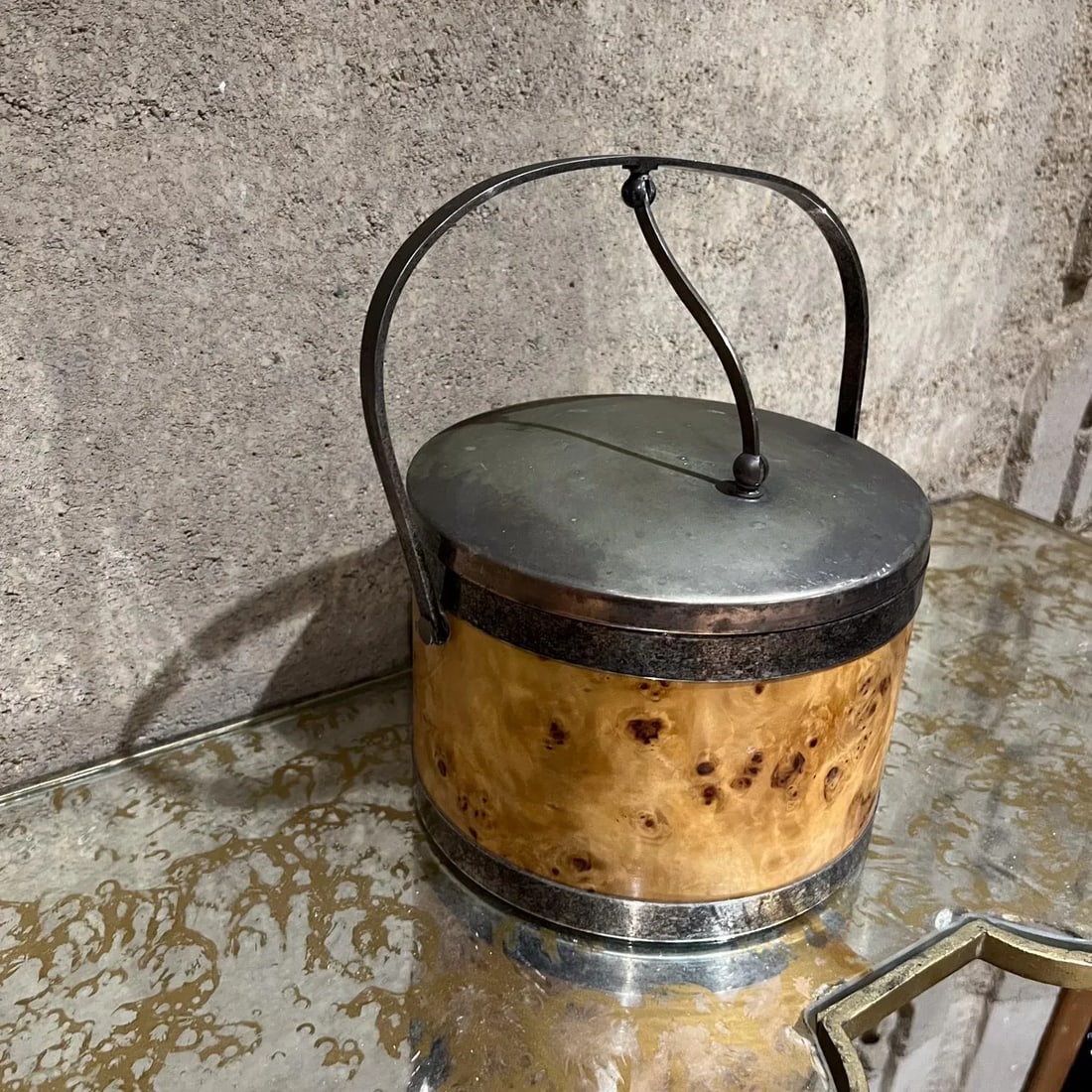Mid-Century Modern Italian Burl Wood Silver Chrome Ice Bucket Italy - 2