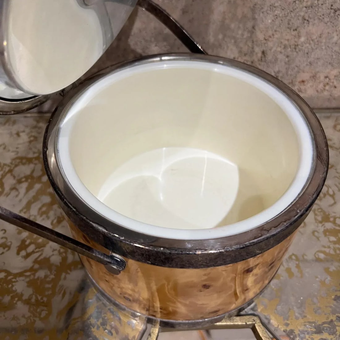 Mid-Century Modern Italian Burl Wood Silver Chrome Ice Bucket Italy - 4