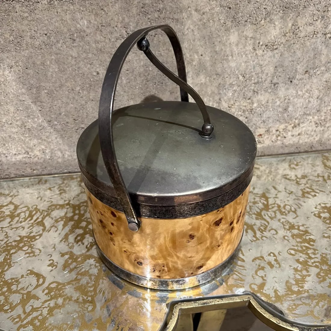 Mid-Century Modern Italian Burl Wood Silver Chrome Ice Bucket Italy - 8