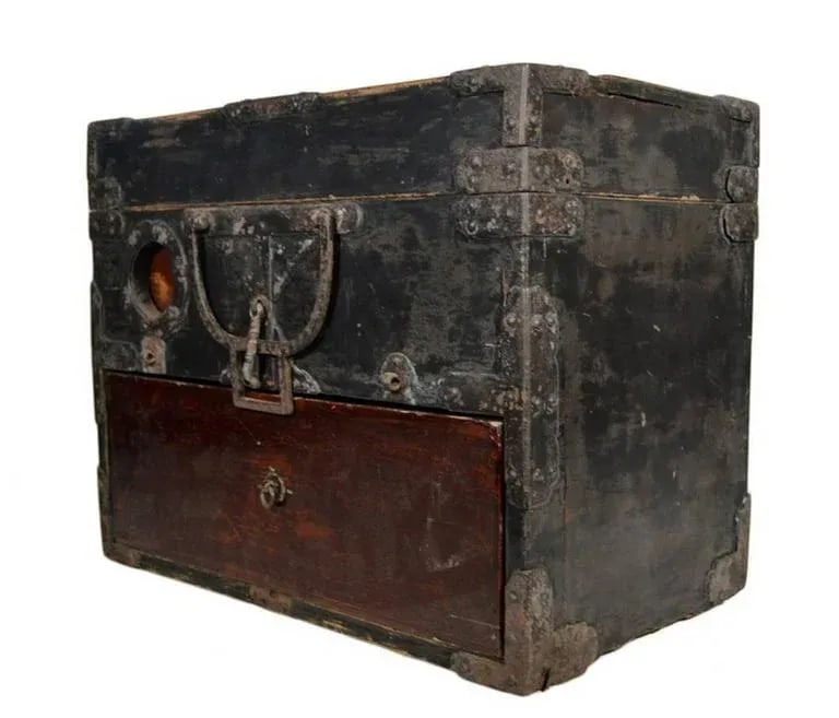 Antique Handmade Wood Money Box With Hardware From 19th Century, China - 2