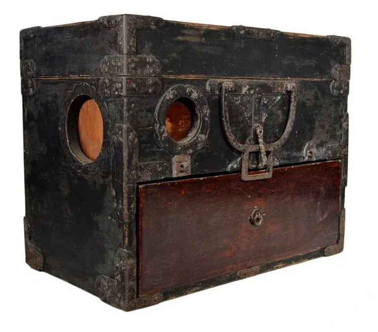 Antique Handmade Wood Money Box With Hardware From 19th Century, China - 7