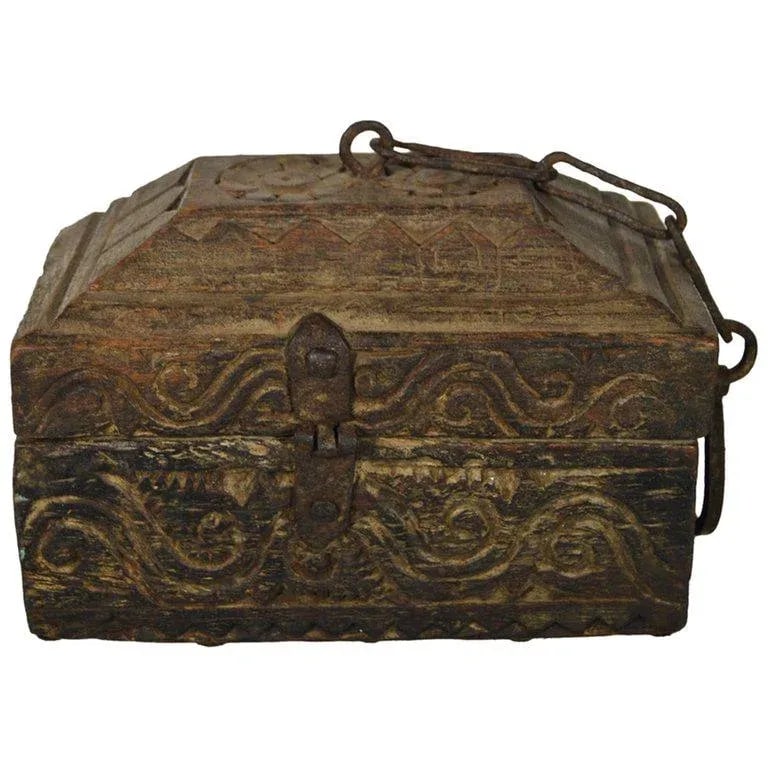 Antique Handmade Indian Carved Wood Money Box With Hardware, 19th Century - 7