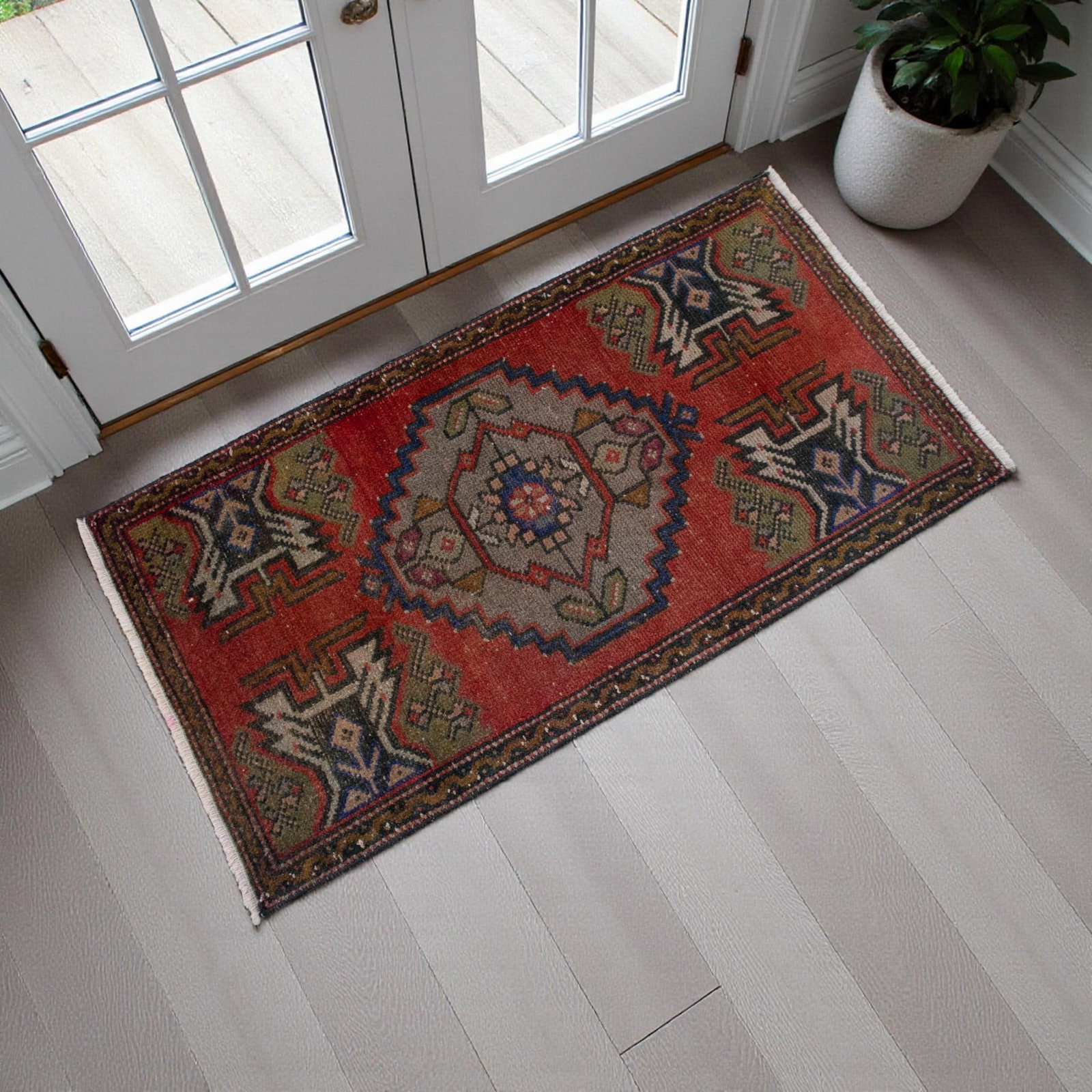 Distressed Low Pile Turkish Yastik Petite Rug Hand Knotted Faded Mat - 20'' X 39'' - 2