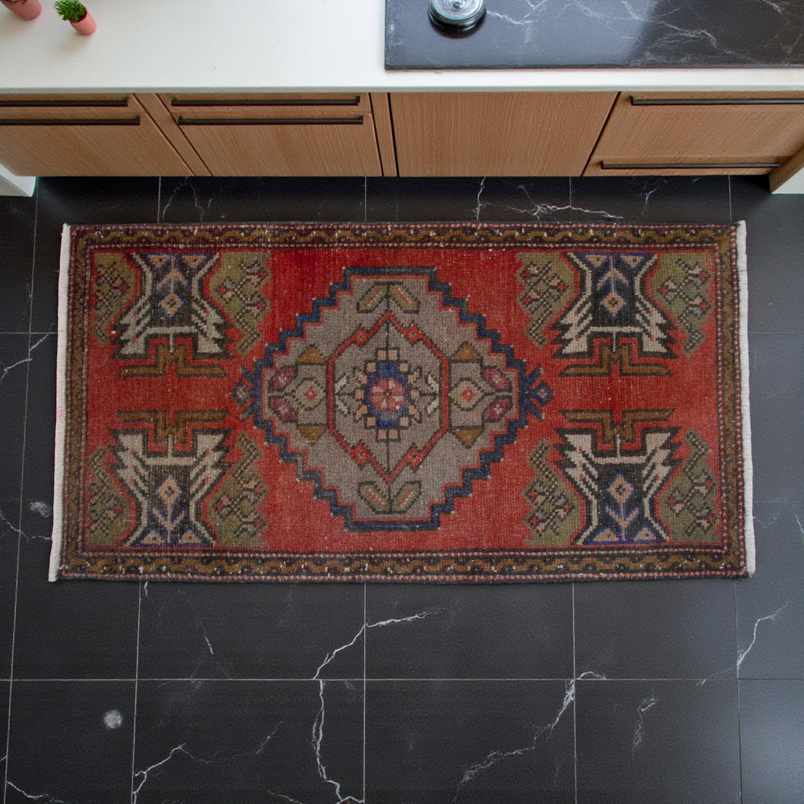 Distressed Low Pile Turkish Yastik Petite Rug Hand Knotted Faded Mat - 20'' X 39'' - 3
