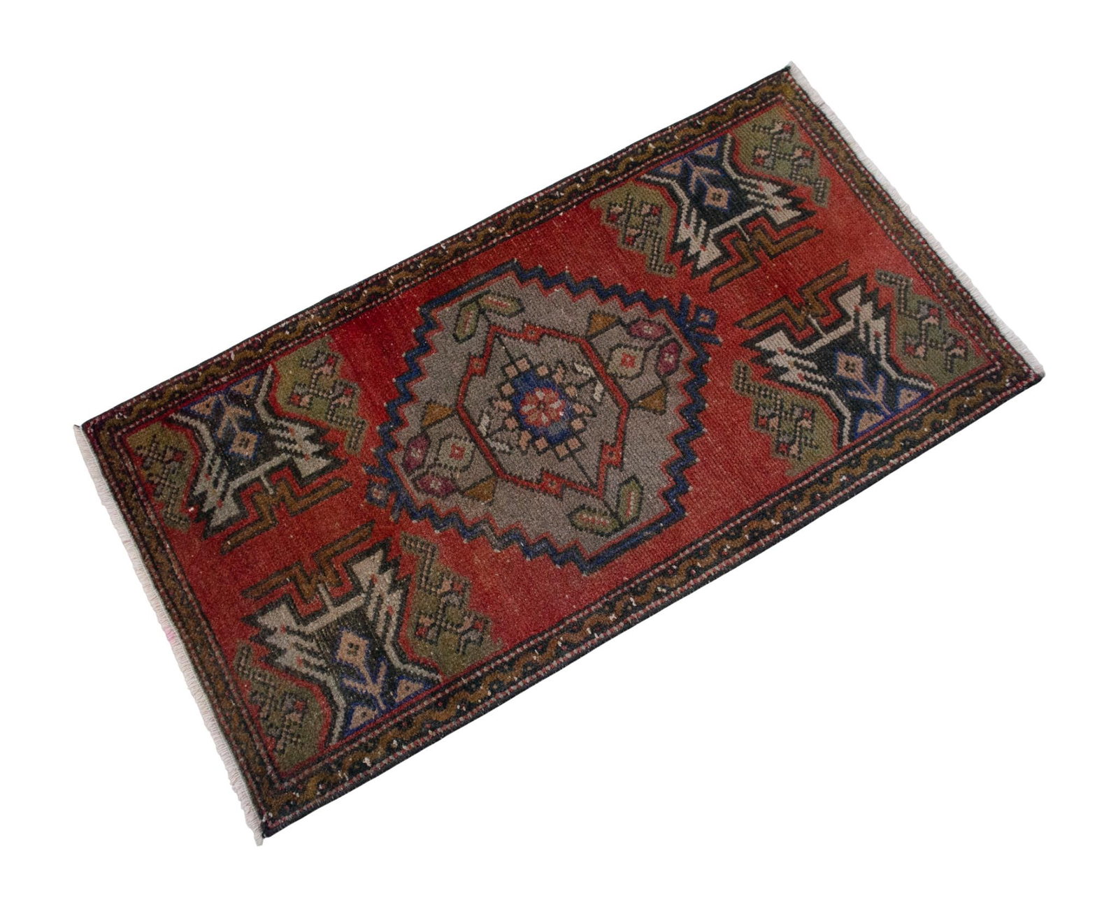 Distressed Low Pile Turkish Yastik Petite Rug Hand Knotted Faded Mat - 20'' X 39'' - 4