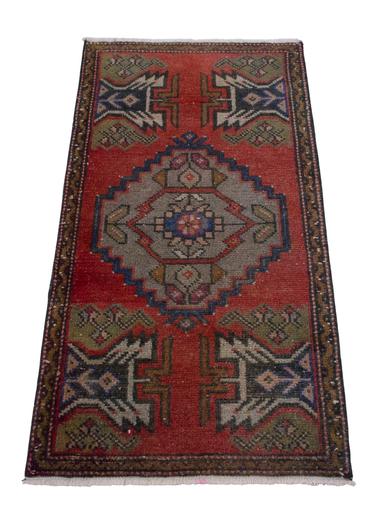 Distressed Low Pile Turkish Yastik Petite Rug Hand Knotted Faded Mat - 20'' X 39'' - 5