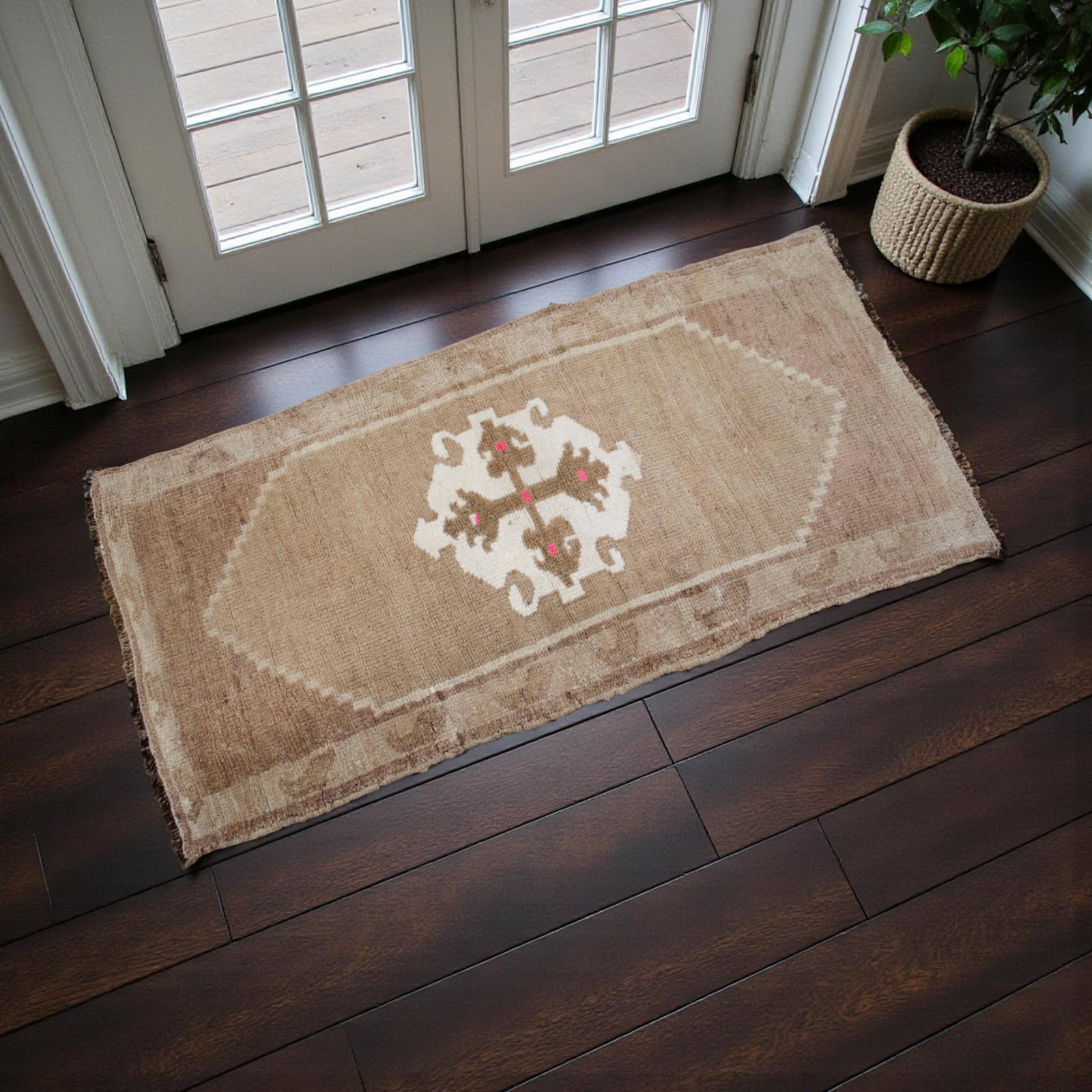 Small Turkish Rug Yastik Hand Knotted Undyed Organic Wool Petite Rug Mat Doormat - 19'' X 39'' - 2