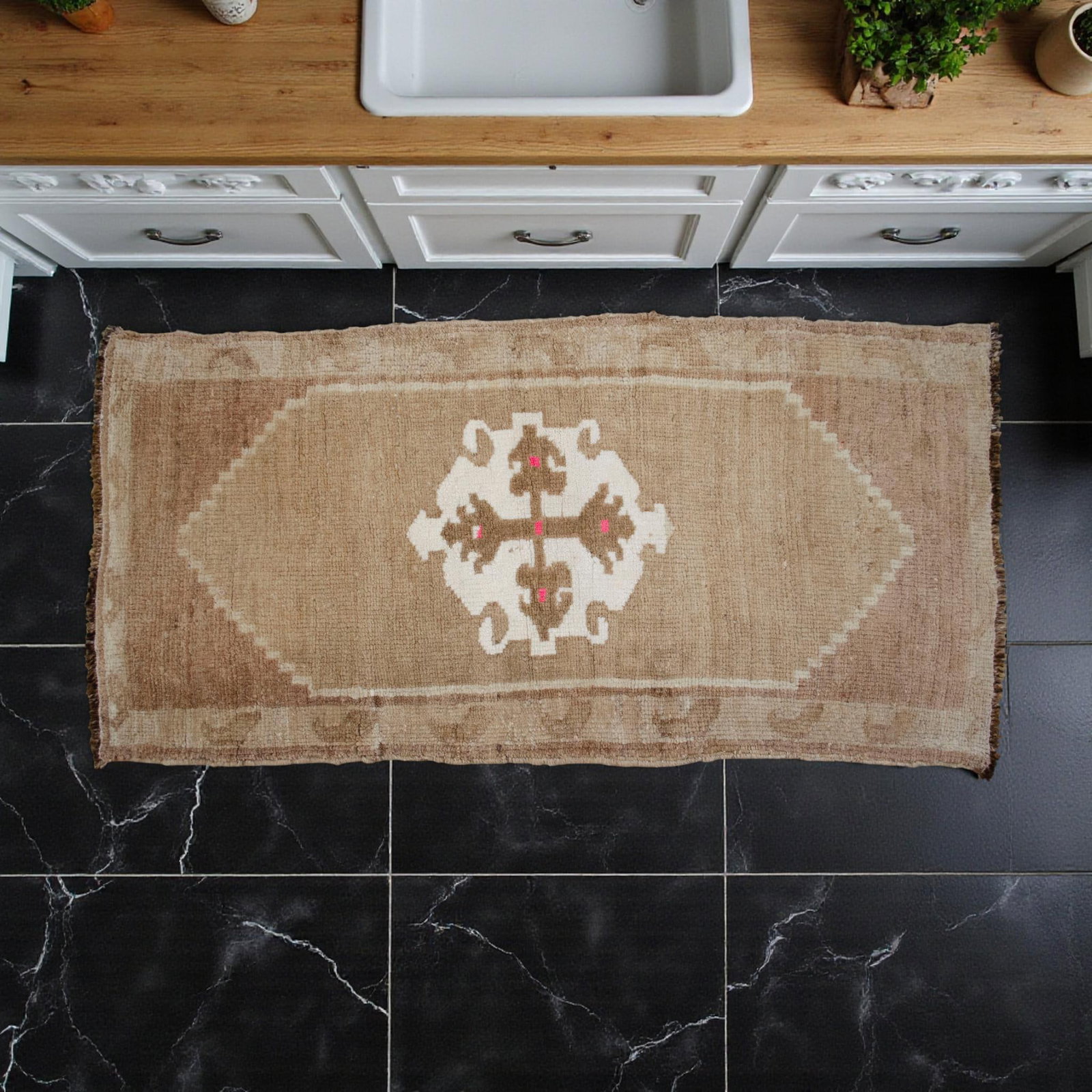 Small Turkish Rug Yastik Hand Knotted Undyed Organic Wool Petite Rug Mat Doormat - 19'' X 39'' - 3