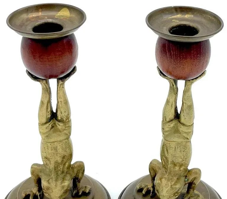 Acrobatic Frog Brass & Wood Candlesticks by Arthur Court, 1979 - a Pair - 2