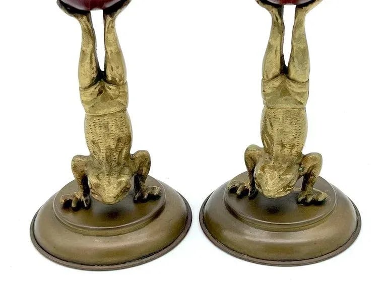 Acrobatic Frog Brass & Wood Candlesticks by Arthur Court, 1979 - a Pair - 3