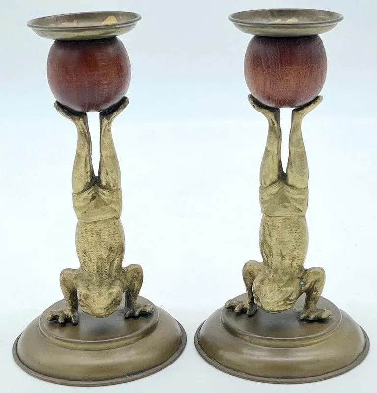 Acrobatic Frog Brass & Wood Candlesticks by Arthur Court, 1979 - a Pair - 4
