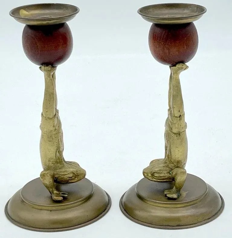 Acrobatic Frog Brass & Wood Candlesticks by Arthur Court, 1979 - a Pair - 5