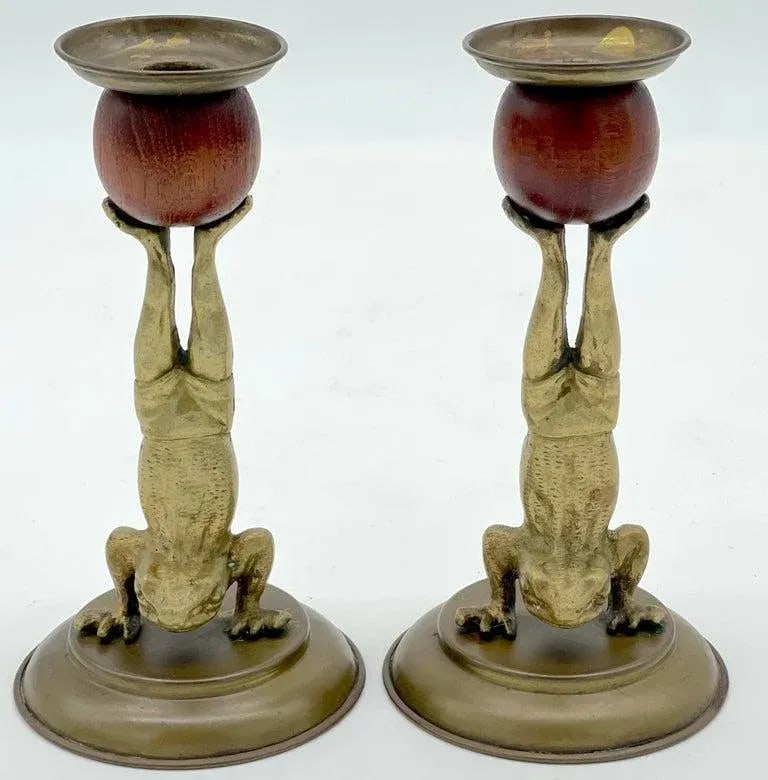 Acrobatic Frog Brass & Wood Candlesticks by Arthur Court, 1979 - a Pair - 7