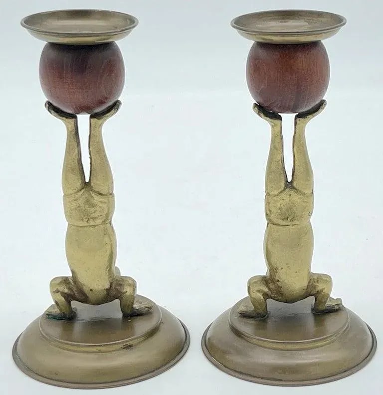 Acrobatic Frog Brass & Wood Candlesticks by Arthur Court, 1979 - a Pair - 8