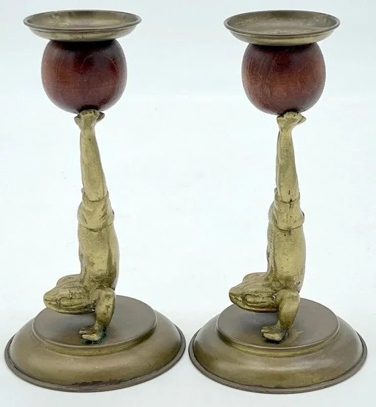 Acrobatic Frog Brass & Wood Candlesticks by Arthur Court, 1979 - a Pair - 9