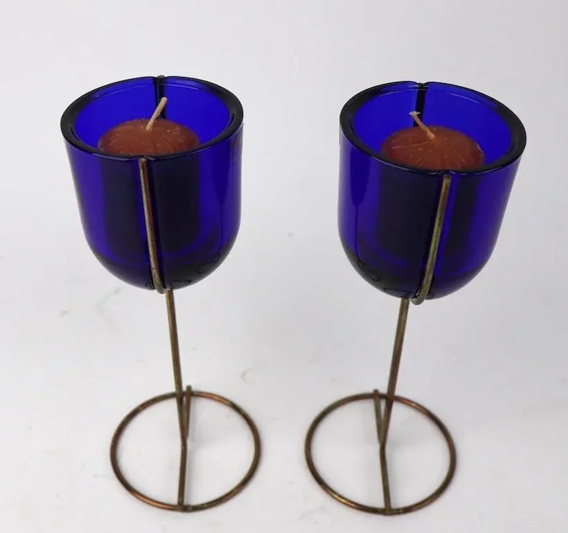Vintage Cobalt Wine Goblet Candlesticks by Iittala - a Pair - 3