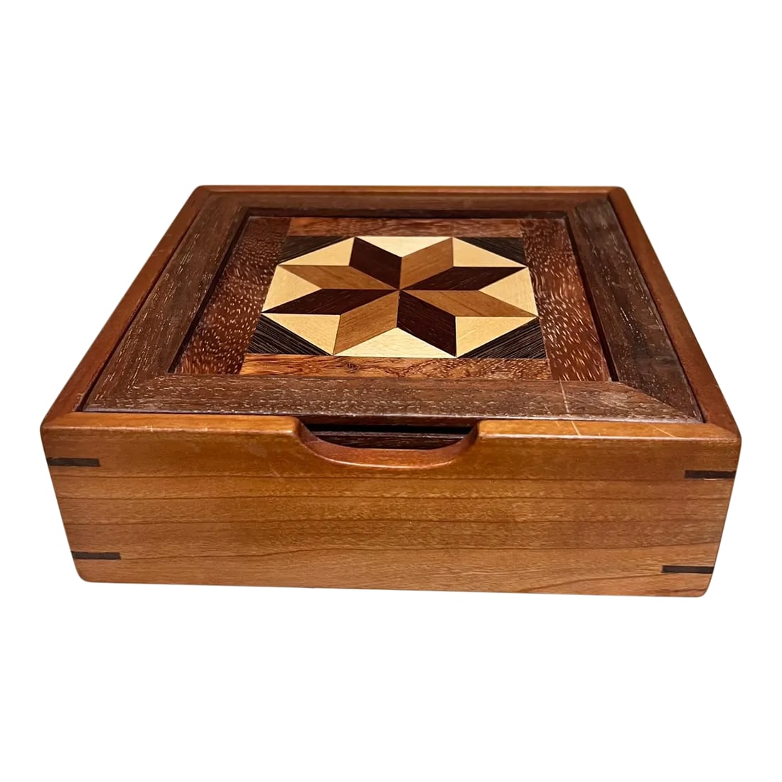2000s Mosaic Marquetry Exotic Wood Box Signed: For your consideration, a mosaic marquetry mixed wood decorative box. Inlaid marquetry with hardwoods. Handmade piece symmetrical center star design. Signed J G White 04 Dimensions: 2.25"H x 7.38" W