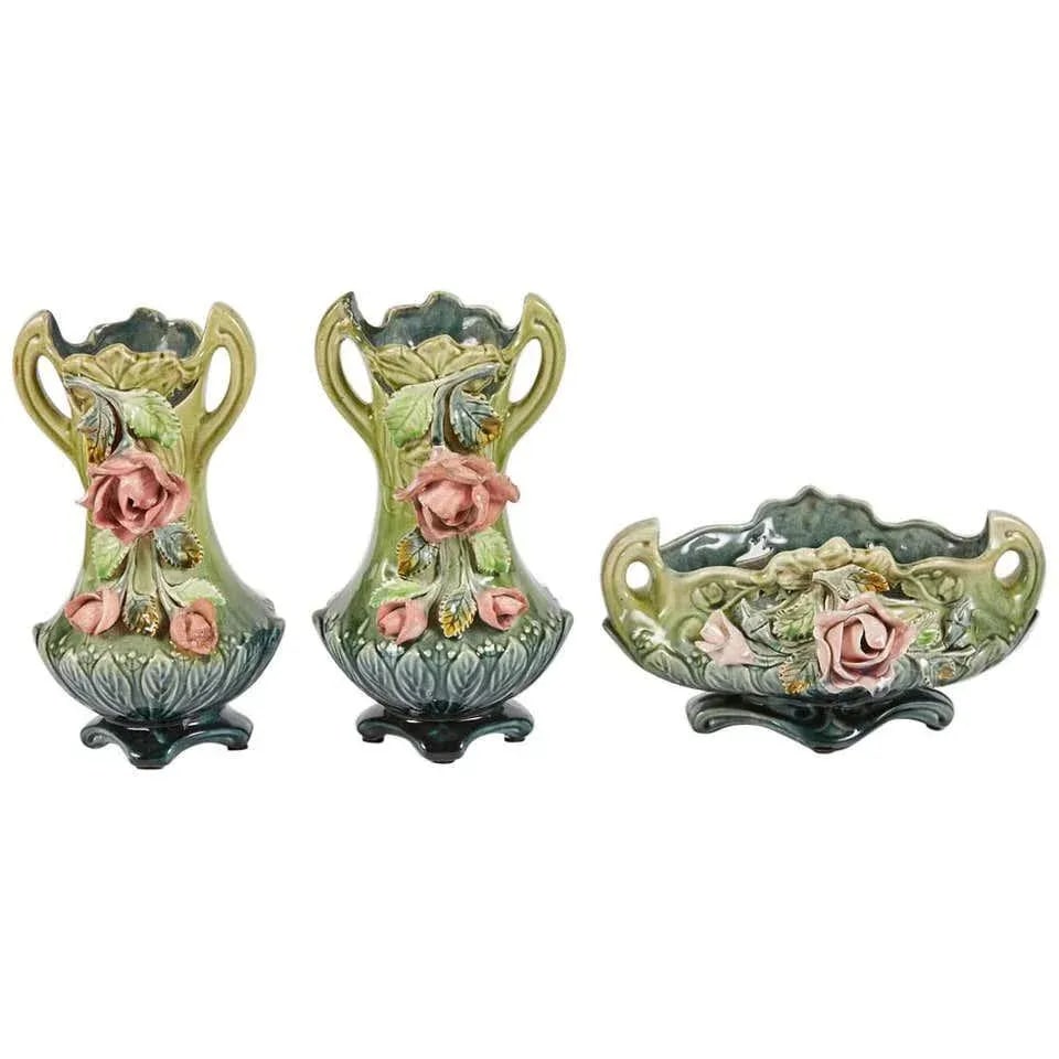Majolica Planter Vases and a Cachet Pot - Set of 3 - 3