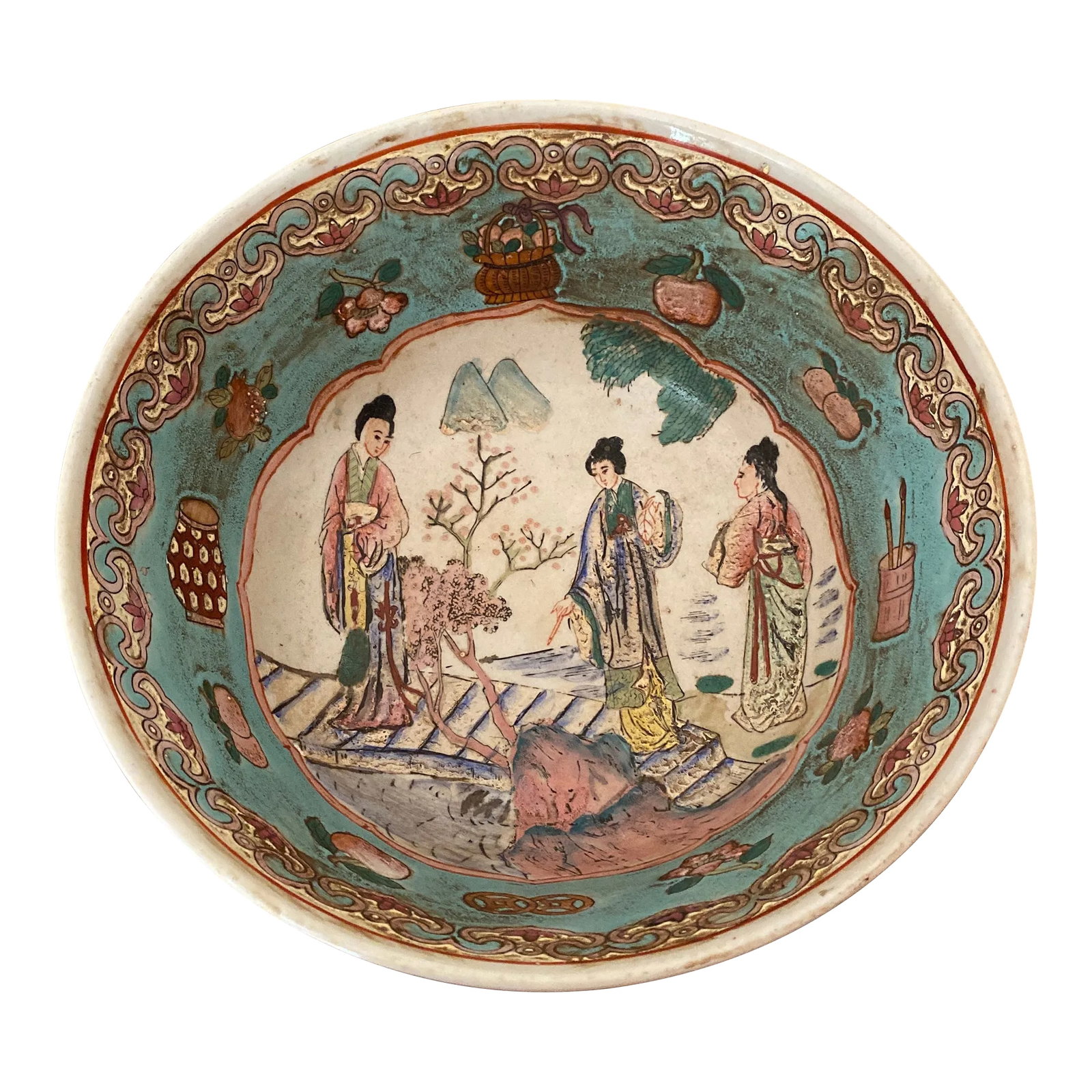 Vintage Hand Painted Famille Rose Porcelain Serving Bowl: Hand painted on the island of Macau, off the coast of Southern China. The bowl portrays elegant Chinese ladies in a country landscape repeated within medallions on the front, back, and interior. The
