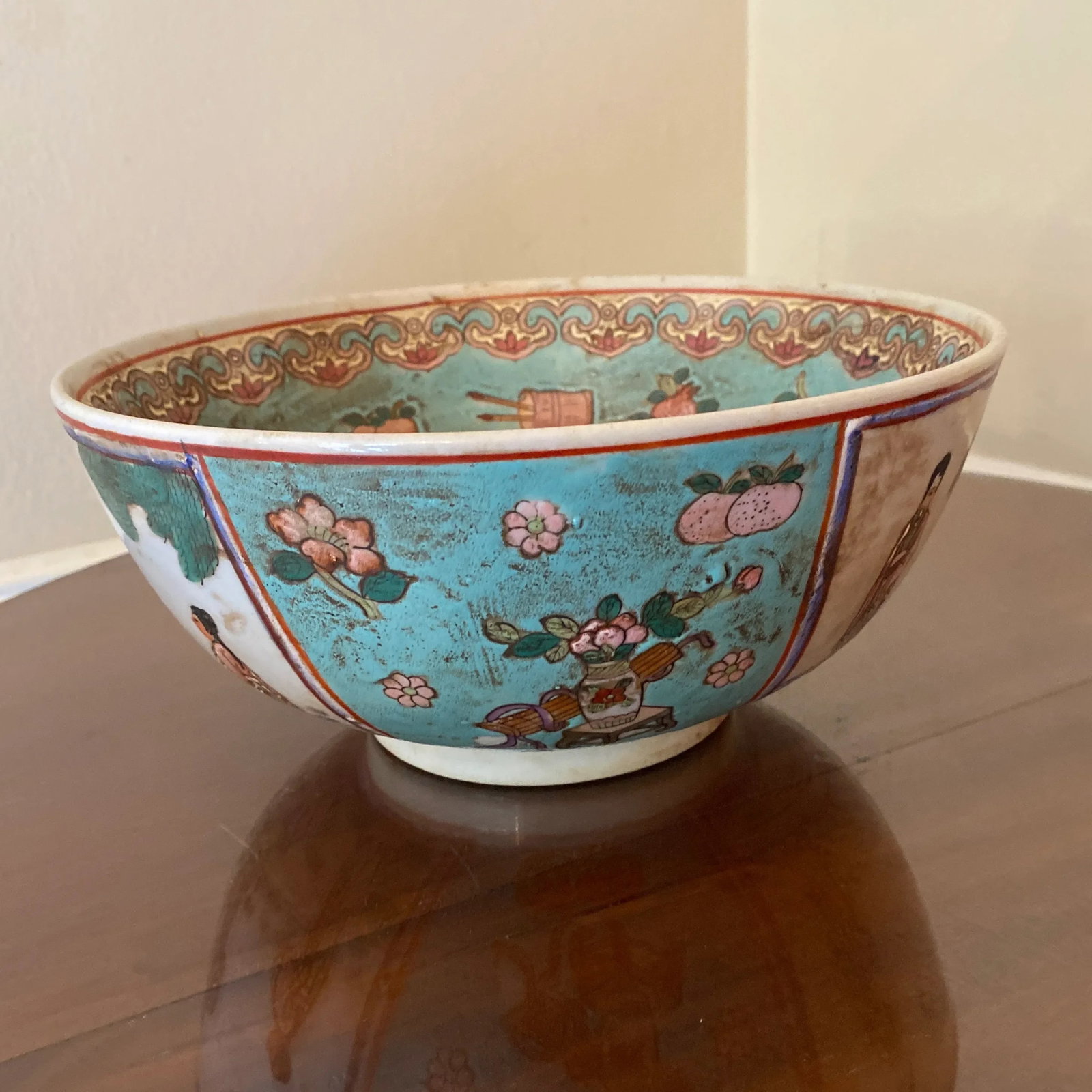 Vintage Hand Painted Famille Rose Porcelain Serving Bowl - 2