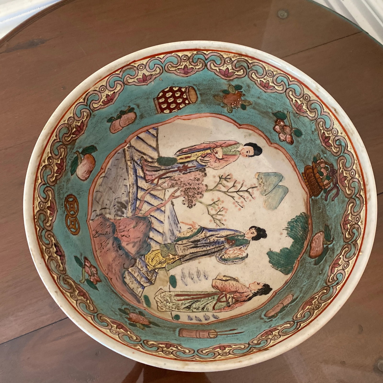 Vintage Hand Painted Famille Rose Porcelain Serving Bowl - 4