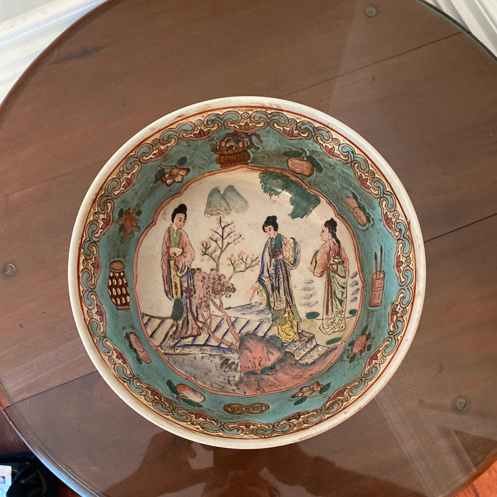 Vintage Hand Painted Famille Rose Porcelain Serving Bowl - 6