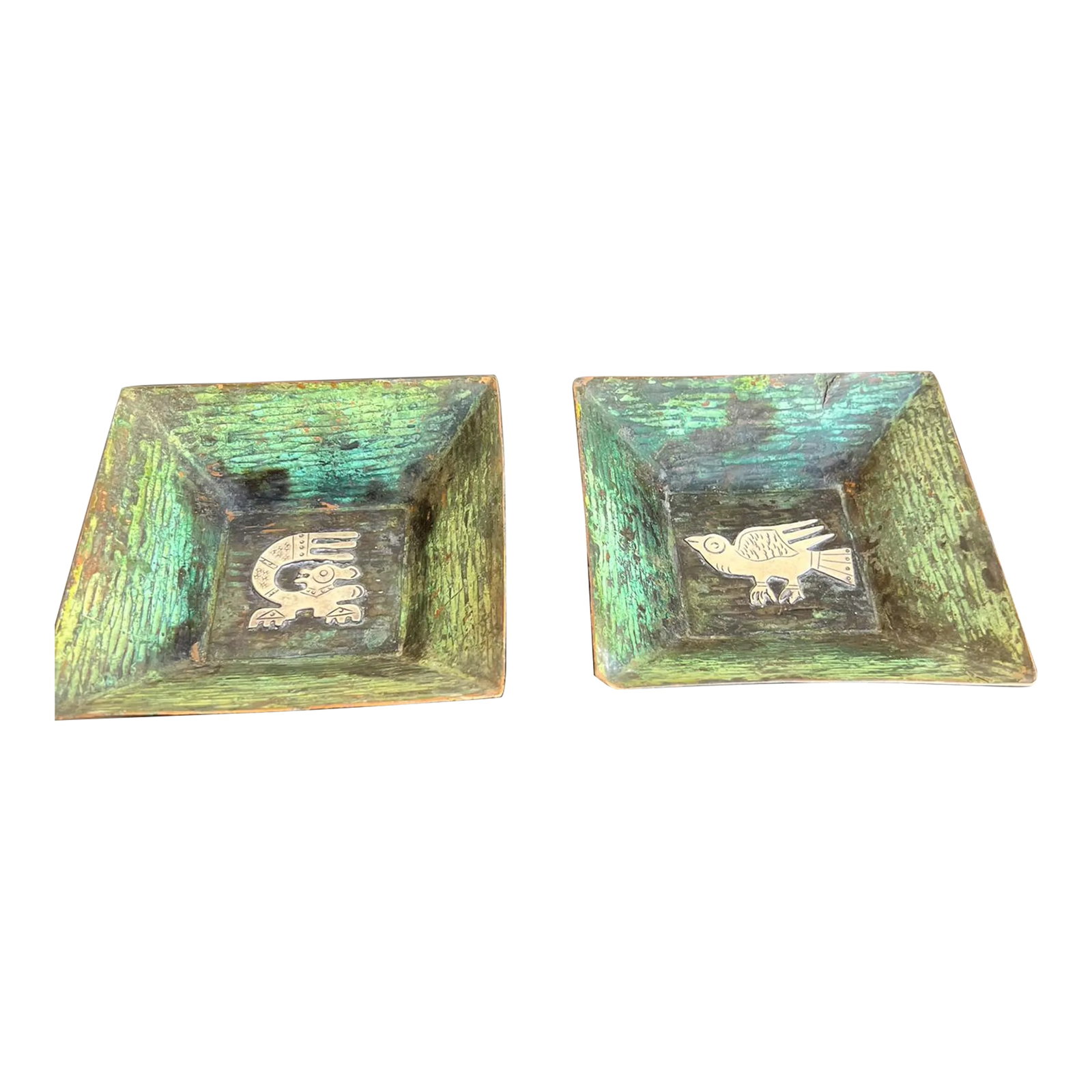 1960s Set of Copper Silver Trays Animal Design Style Graziella Laffi Peru: AMBIANIC presents 1960s 2 Copper Trays with silver animal design 4.25 x 4.25 x .88 Verdigris patina. Unsigned, attributed to Vicky Peru or Graziella Laffi as both have similar design techniques.