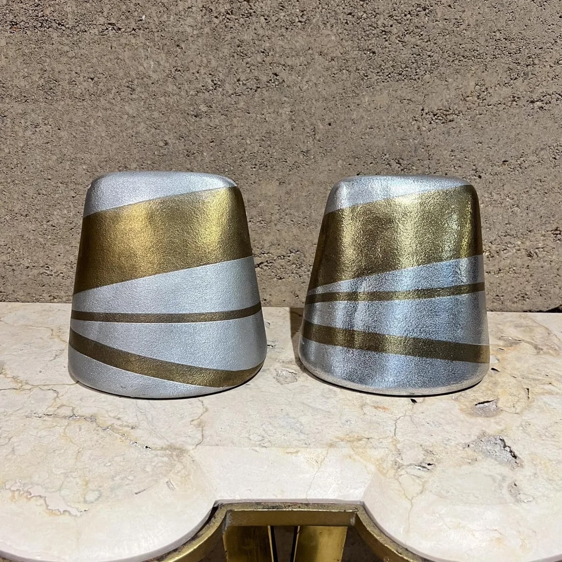 Mid-Century Modern Ben Seibel Abstract Gold Silver Brass Bookend Set - 2
