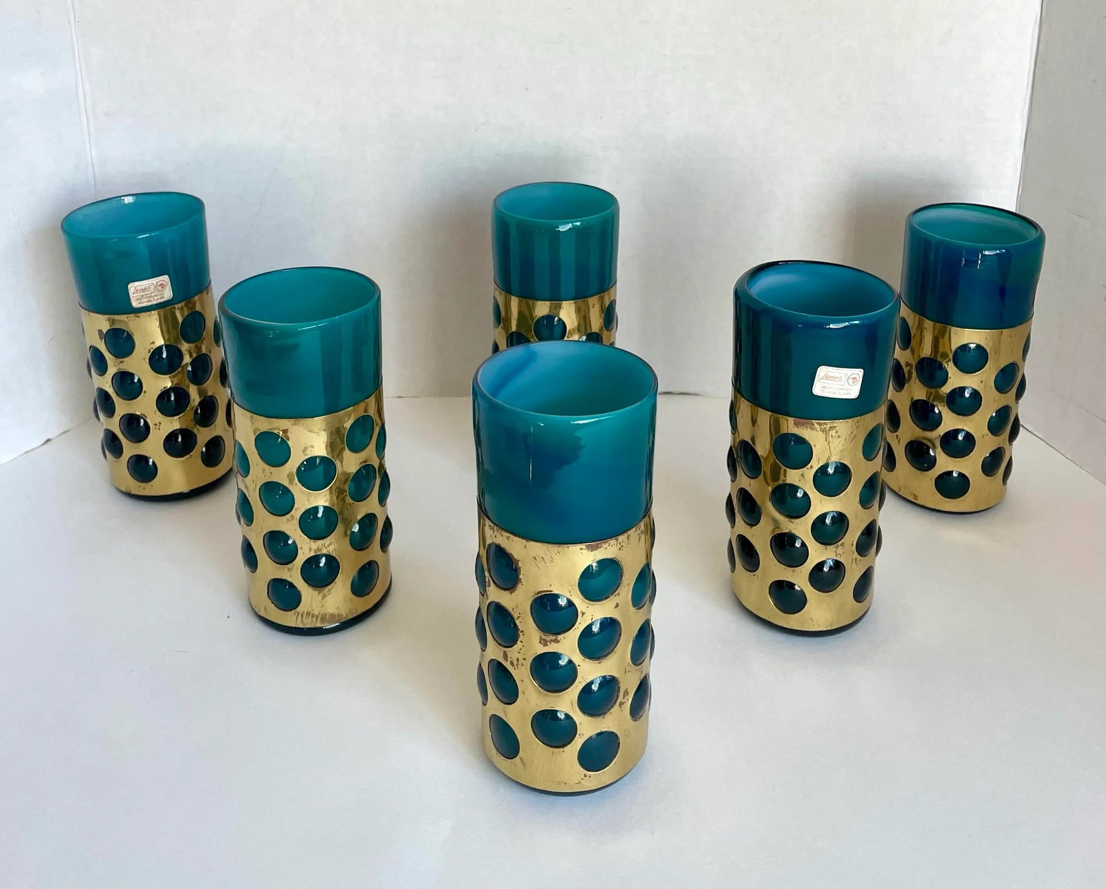 Mid 20th Century Mexican Hand-Blown Caged Blue Art Glass and Brass Glasses Made by Jomeli - Set of 6 - 2