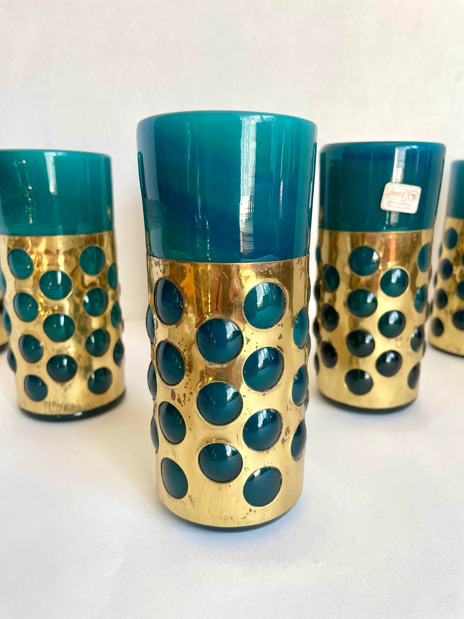 Mid 20th Century Mexican Hand-Blown Caged Blue Art Glass and Brass Glasses Made by Jomeli - Set of 6 - 3