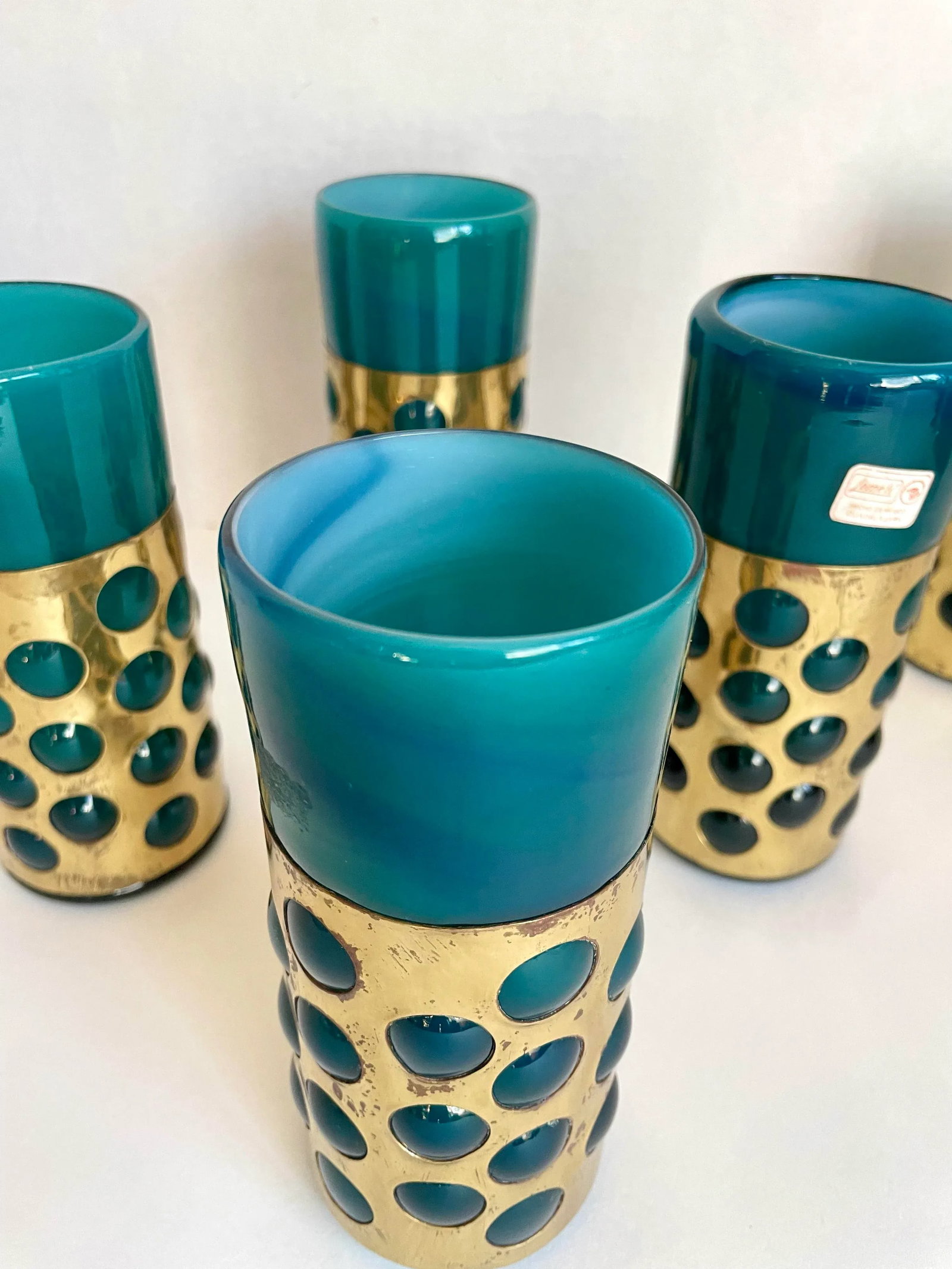 Mid 20th Century Mexican Hand-Blown Caged Blue Art Glass and Brass Glasses Made by Jomeli - Set of 6 - 4